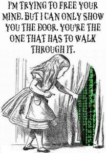 A Woman Drawing Aside Two Dark Curtains That Closed The Entrance To A Sacred Pathway